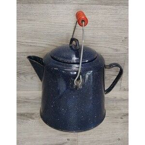 Large Vintage Enamelware Dark Blue-White Speckled Cowboy Coffee Kettle Pot